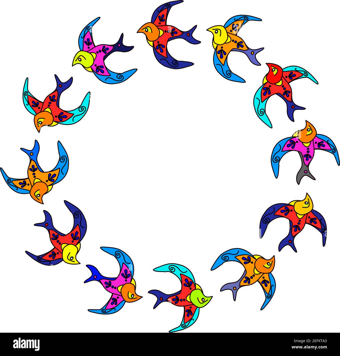 Gráfico vectorial de doce golondrinas volando en un círculo sobre fondo transparente. Basado en las "Andorinhas" que vimos en Lisboa, Portugal Ilustración del Vector