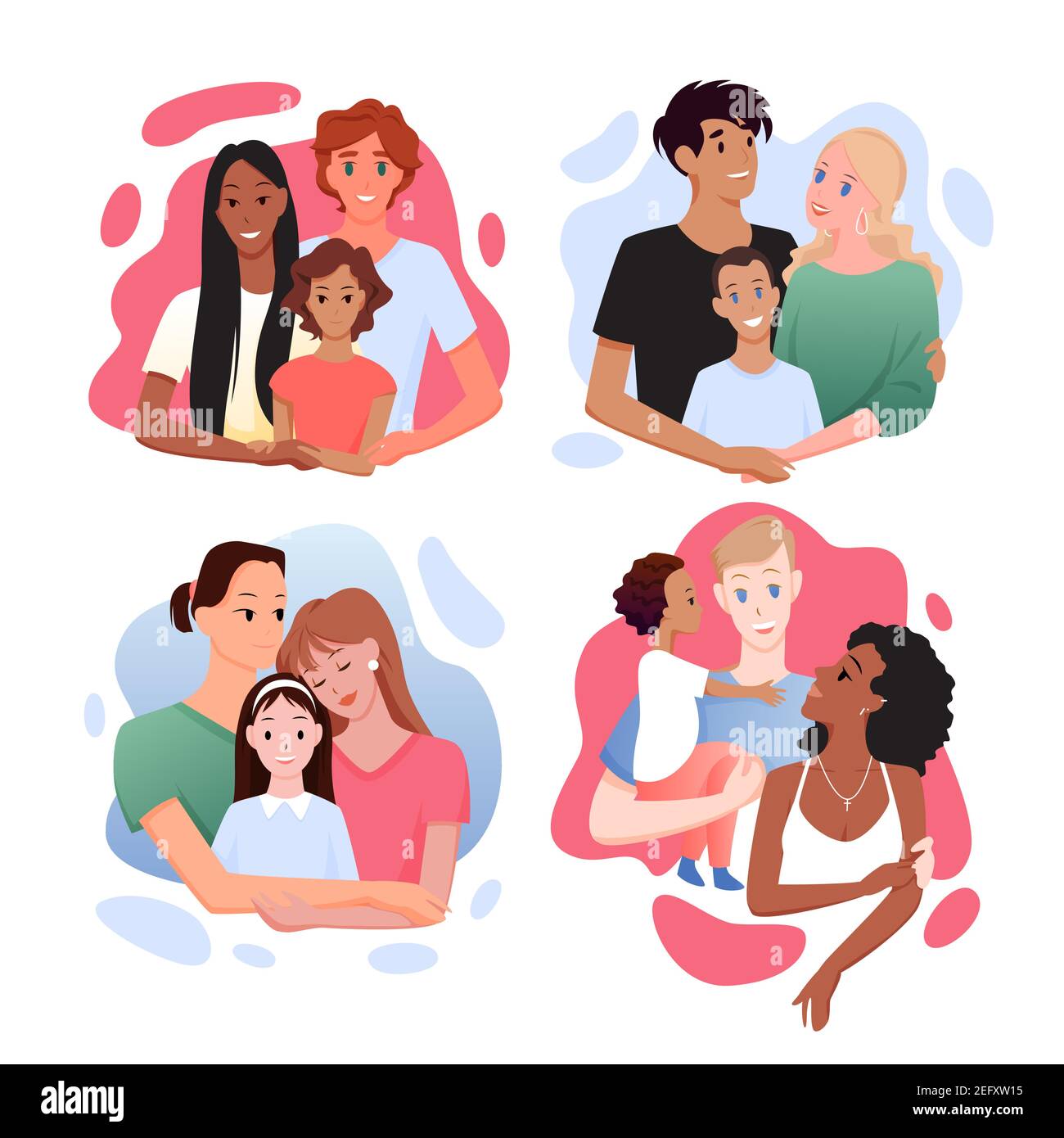 Familia con diferentes nacionalidades, padre, madre hijos de raza mixta de pie Ilustración del Vector