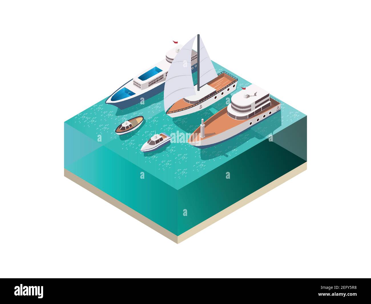 Barcos conjunto isométrico con superficie de agua y varios vasos incluidos velero impulsado por el viento y barcos de motor ilustración vectorial Ilustración del Vector