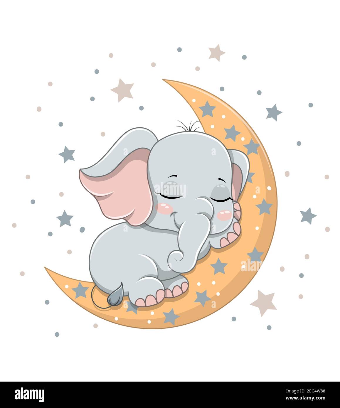 Lindo Elefante Bebé Durmiendo En La Media Luna Imagen Vector De Stock
