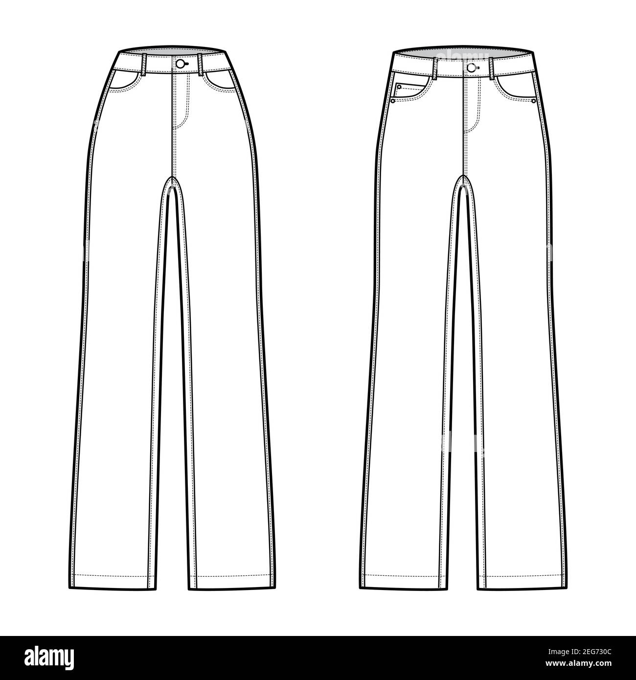Juego de jeans rectos pantalones vaqueros ilustración técnica de moda con  longitud completa, cintura baja normal, talle alto, 5 bolsillos, remaches.  Plantilla plana frontal, estilo de color blanco. Mujeres, hombres, unisex  CAD