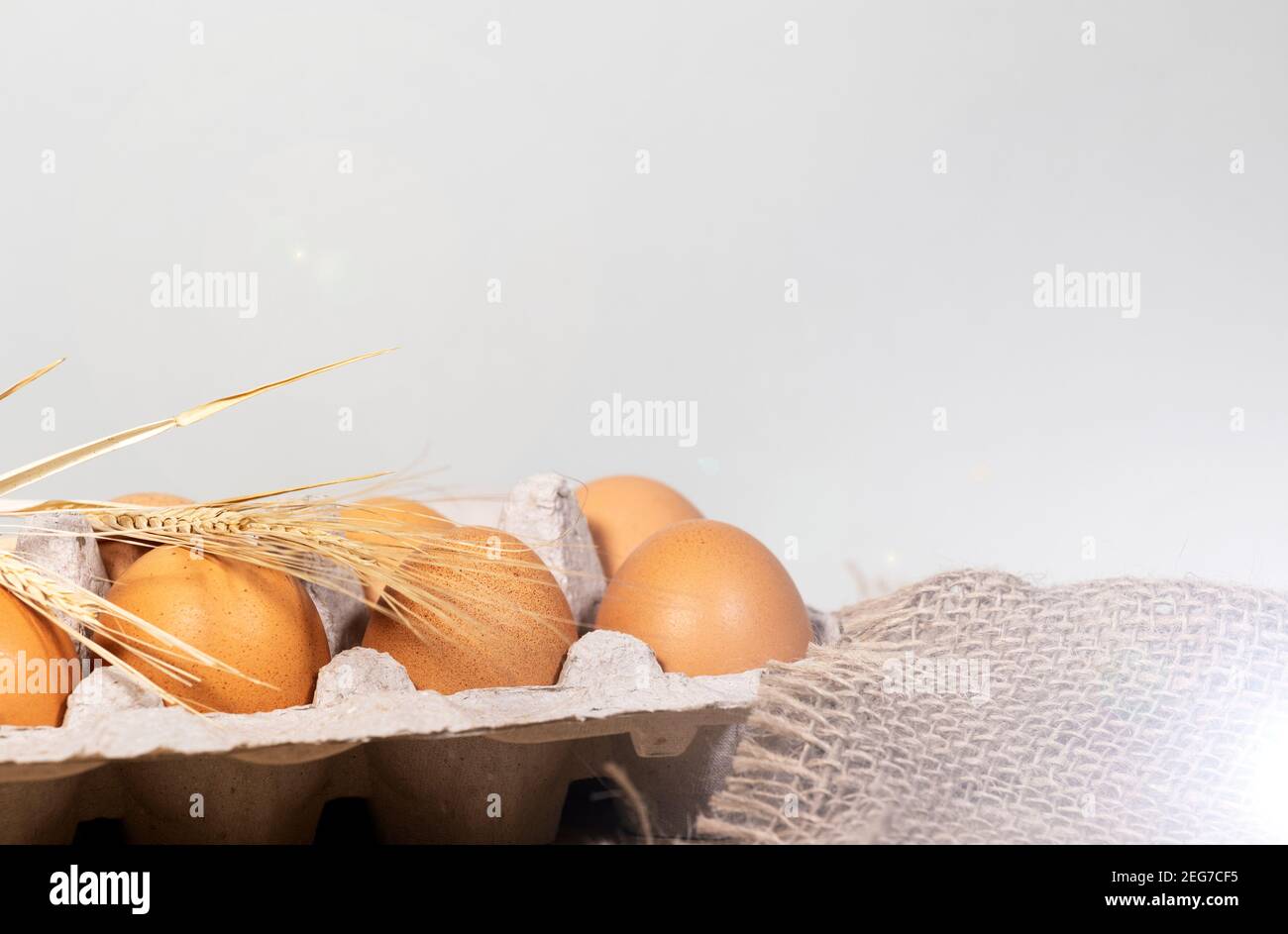 Huevos de Pascua en un paño de saco de entierrar sobre fondo brillante, spikelet de trigo o oído de trigo . La cocina rural o rústica todavía la vida. Copiar espacio, Rústica de Pascua Foto de stock