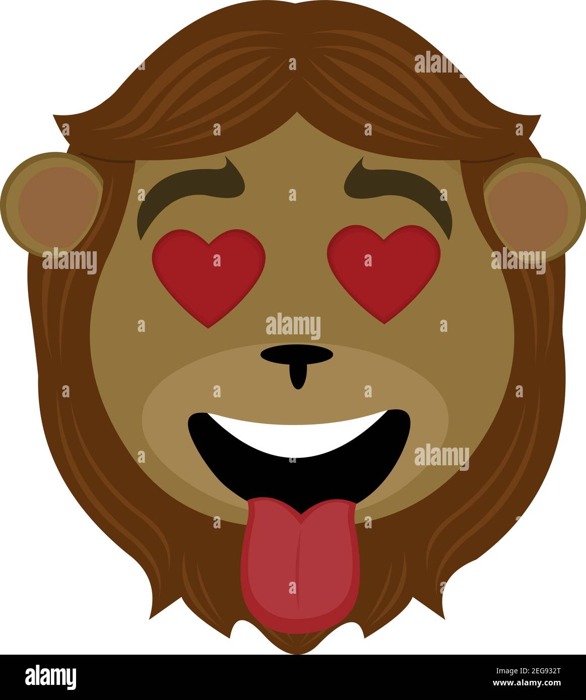 Ilustración de un emoticono vectorial de la cabeza de un león con una expresión de amor y con ojos en forma de corazón y que sobresalen su lengua Ilustración del Vector
