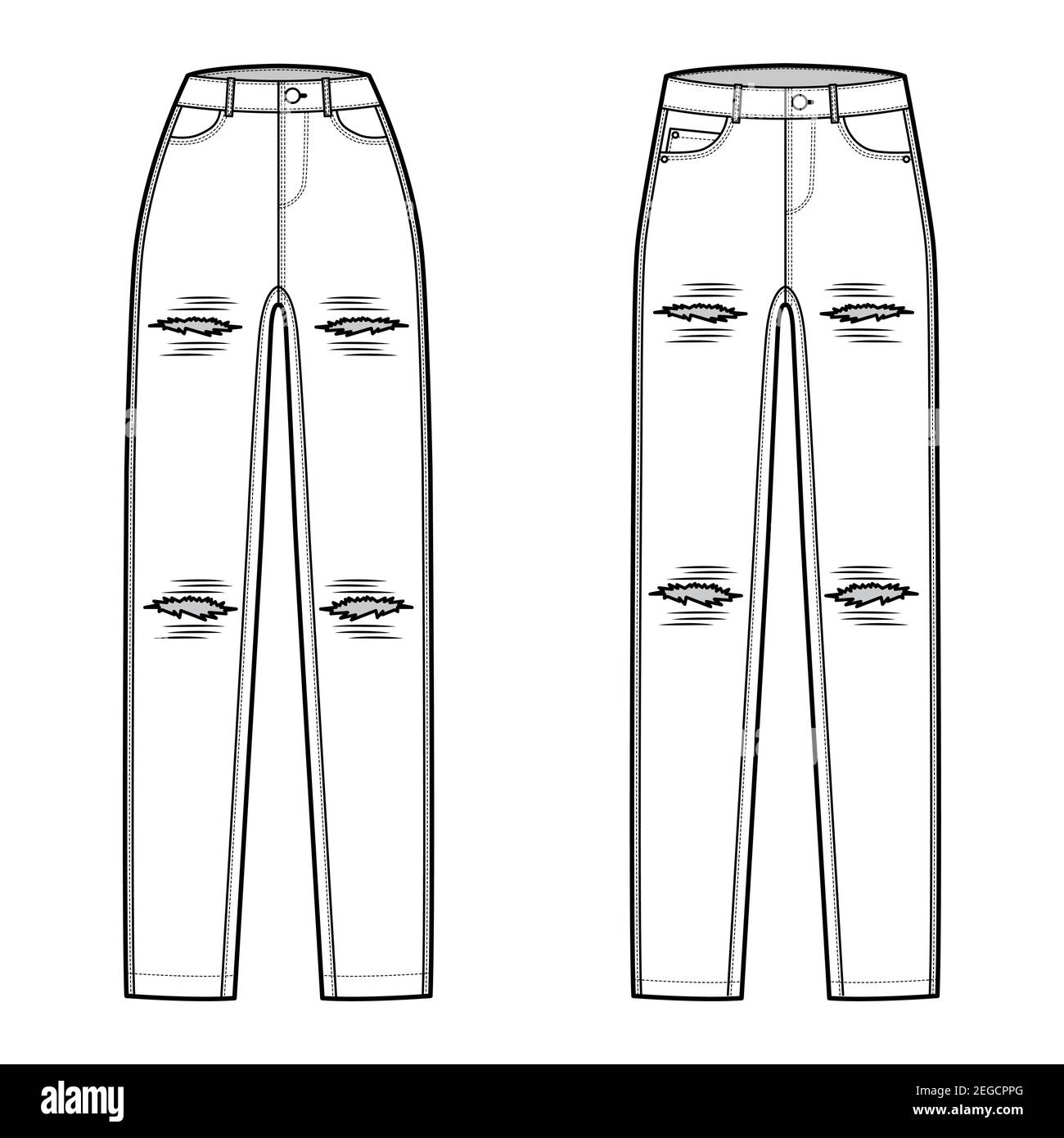 Conjunto de jeans rasgados pantalones vaqueros con detalle ilustración  técnica de moda con longitud completa, cintura normal, talle alto, 5  bolsillos, remaches. Plantilla de fondo plano frontal, estilo de color  blanco. Mujeres,