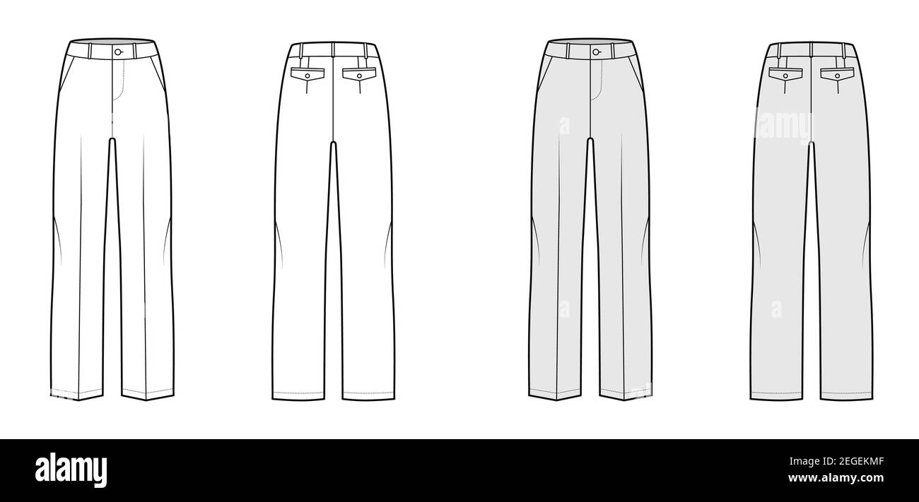 Pantalones a medida ilustración técnica de moda con cintura baja, talle,  longitud completa, bolsillos inclantes, trabillas. Pantalón de fondo sin  pinzas plantilla frontal, espalda, color gris blanco. Hombres unisex CAD  mascup Imagen