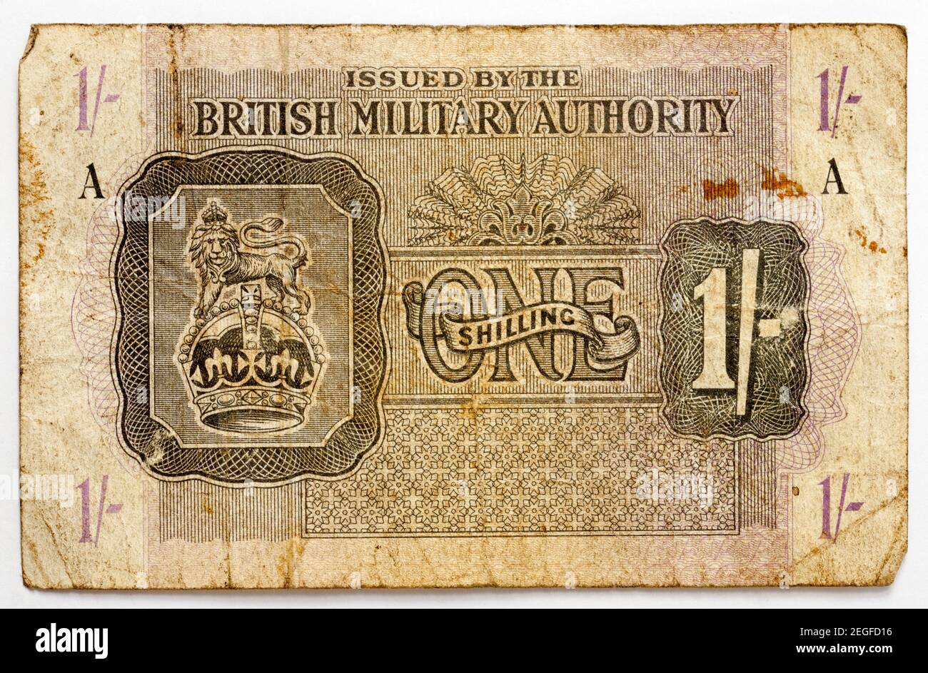 Nota del Banco de la Autoridad Militar Británica - One Shilling Foto de stock