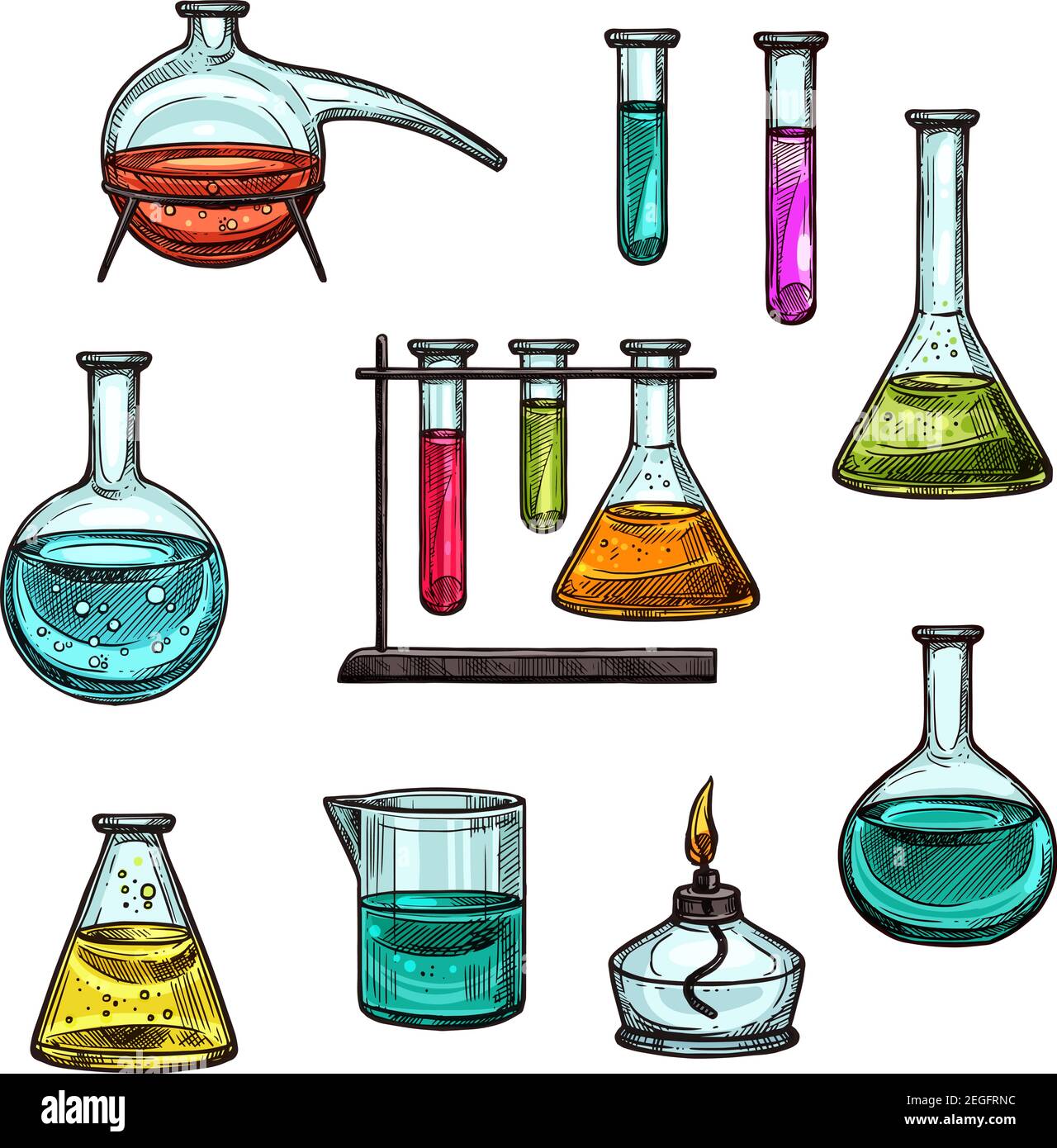Los vasos de precipitados de química y los viales de pruebas químicas  trazan iconos para la tecnología científica y la investigación científica.  Vector aislado conjunto de tubos químicos para la química Imagen