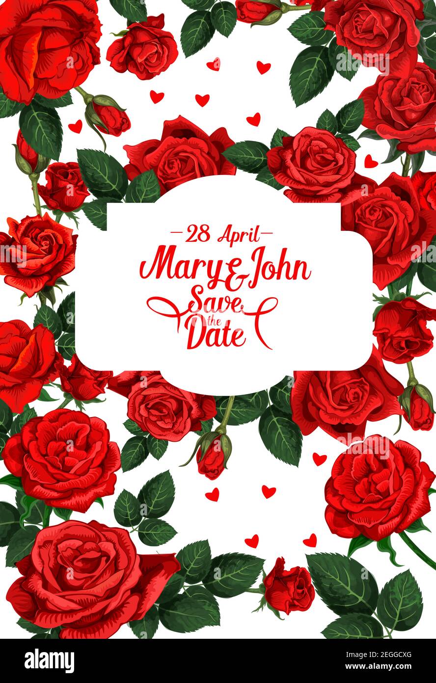 Guardar la Fecha de invitación de boda tarjeta de rosas rojas flores patrón  y novia y el marco de nombre de novio. Vector diseño floral para matrimonio  tarjeta de felicitación de Imagen