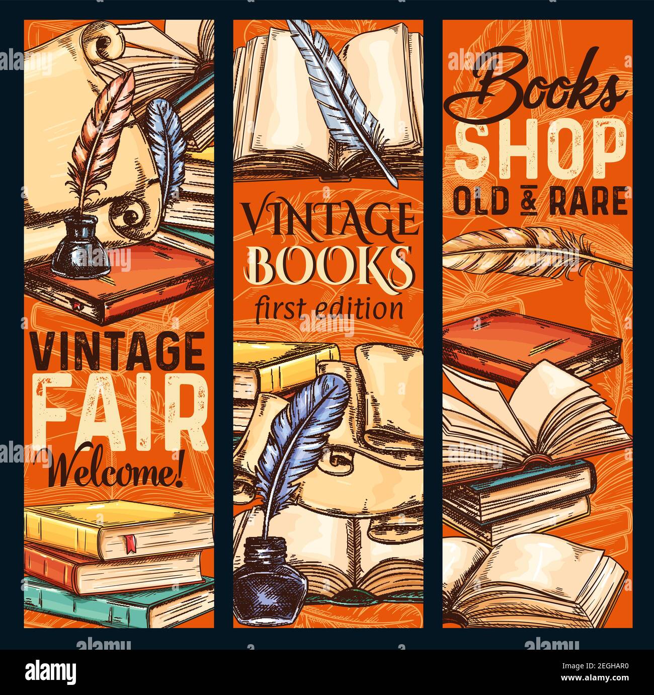 Librería de época o libros raros pancartas de boceto justo. Diseño vectorial de libros antiguos de literatura vintage y escritura papelería rareza librería antigua rara Ilustración del Vector