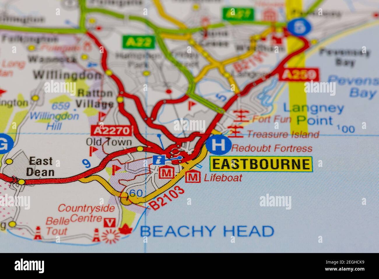 Eastbourne y sus alrededores se muestran en un mapa de carreteras o