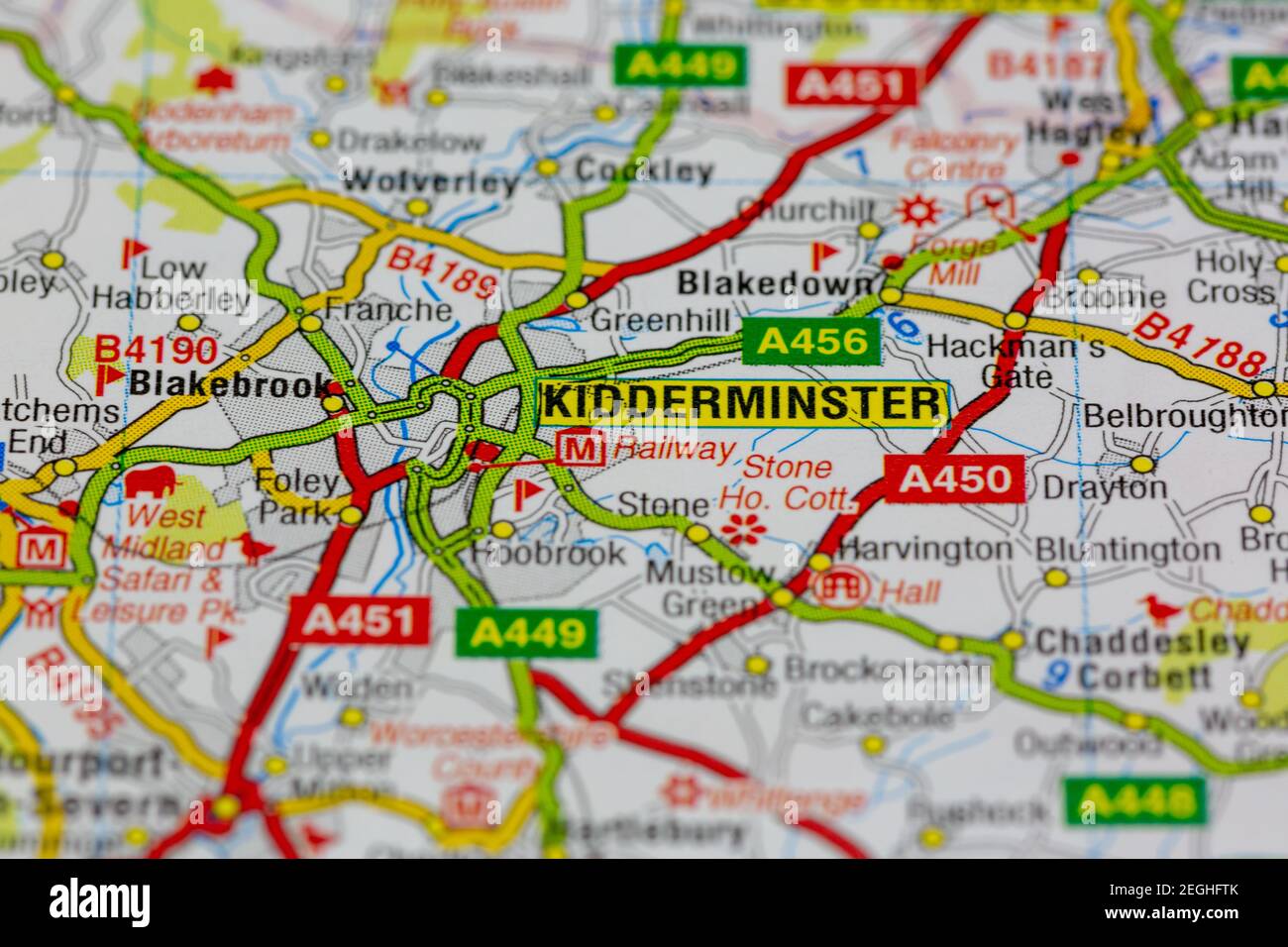 Kidderminster y sus alrededores se muestran en un mapa de carreteras o