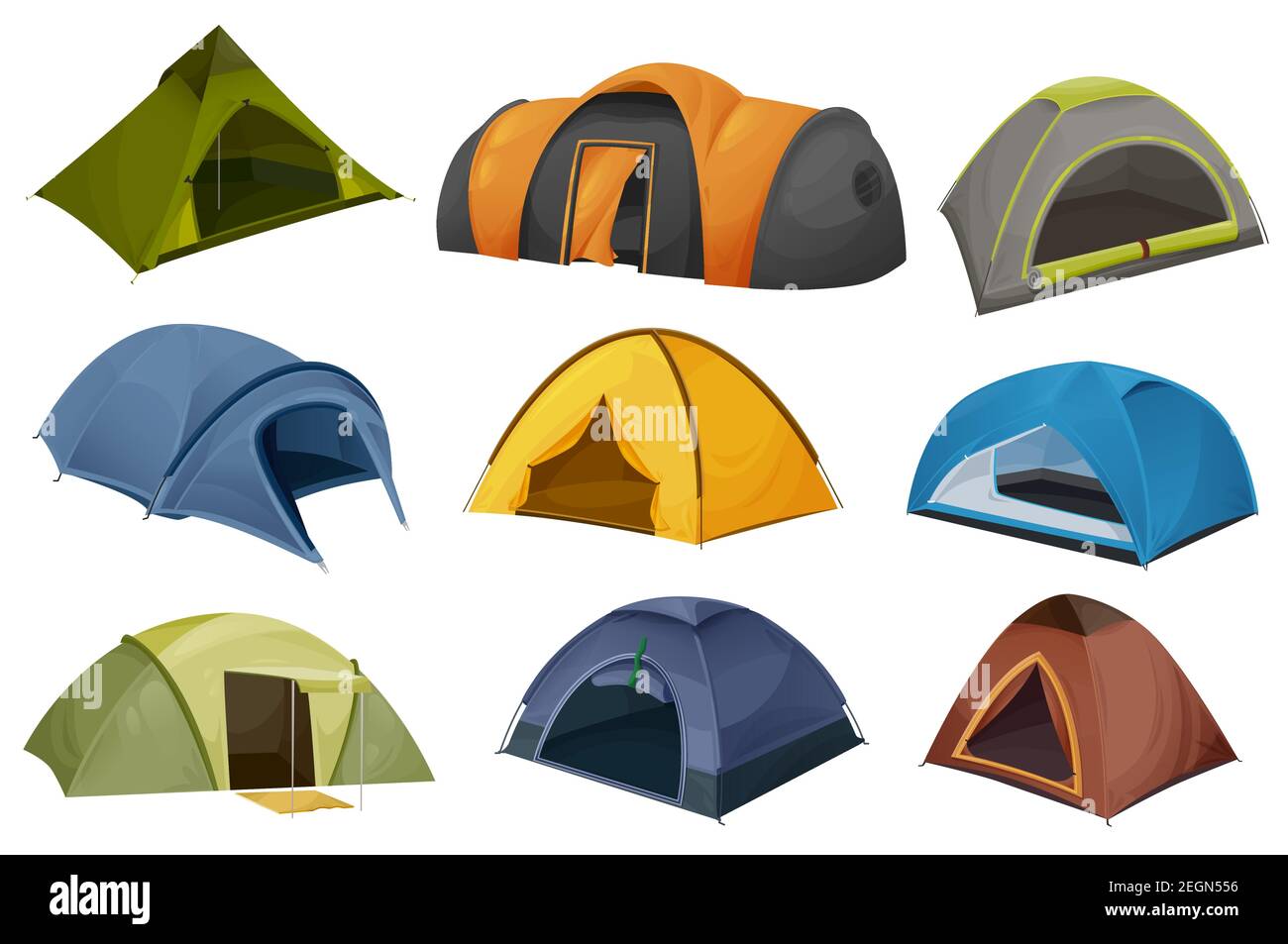 Cúpula y túnel camping tienda de iconos vectoriales con aislado de turismo y equipo de viaje. Refugios para el senderismo, el montañismo y los campamentos scout con ope Ilustración del Vector