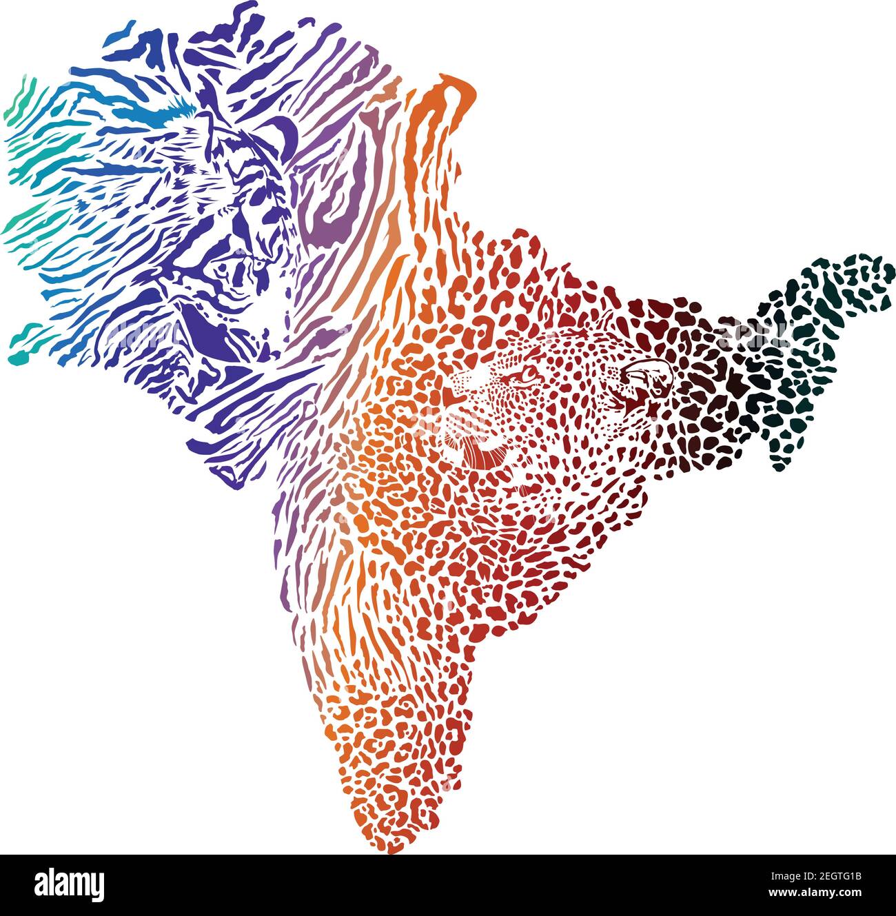Mapa en color del subcontinente indio con fondo de tigre y leopardo Ilustración del Vector