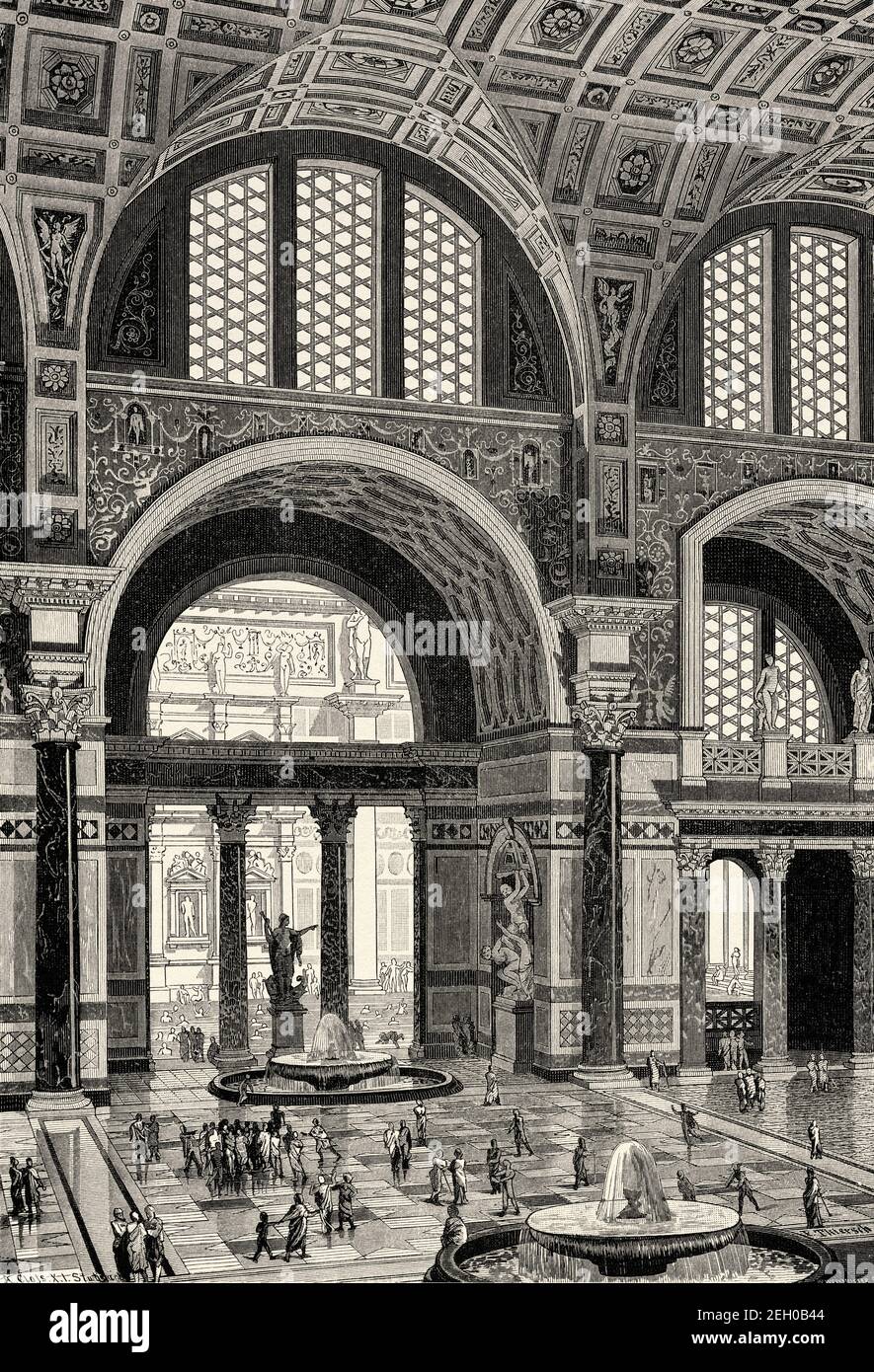 Recreación artística de las Termas de Caracalla. Antonine Baths, baños públicos de la Roma imperial bajo el gobierno del Emperador Caracalla, Historia de la Antigua Roma. Antiguo siglo 19 grabado ilustración de el Mundo ilustrado 1879 Foto de stock