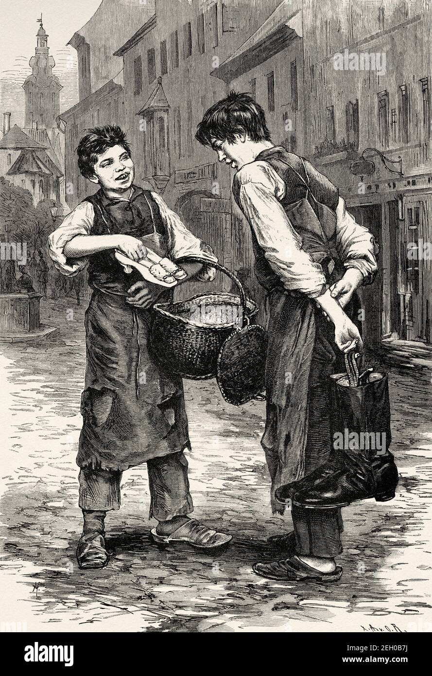 Dos jóvenes zapateros en una calle en el siglo XIX, Europa. Antiguo siglo  19 grabado ilustración de el Mundo ilustrado 1879 Fotografía de stock -  Alamy