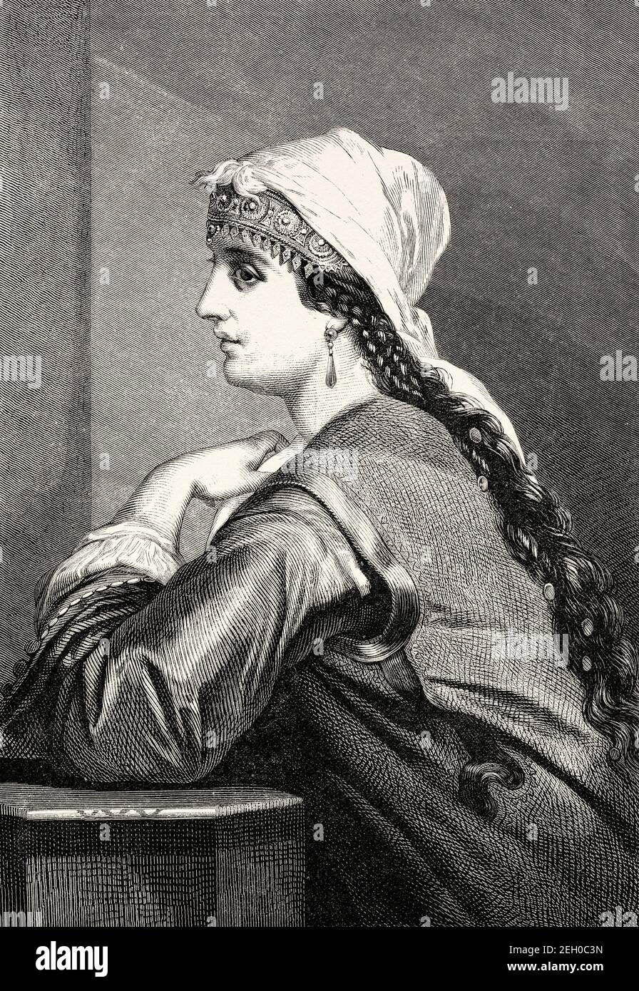 Mujer caucásica del siglo XIX vestida con traje tradicional, Rusia. Europa. Antiguo siglo 19 grabado ilustración de el Mundo ilustrado 1879 Foto de stock