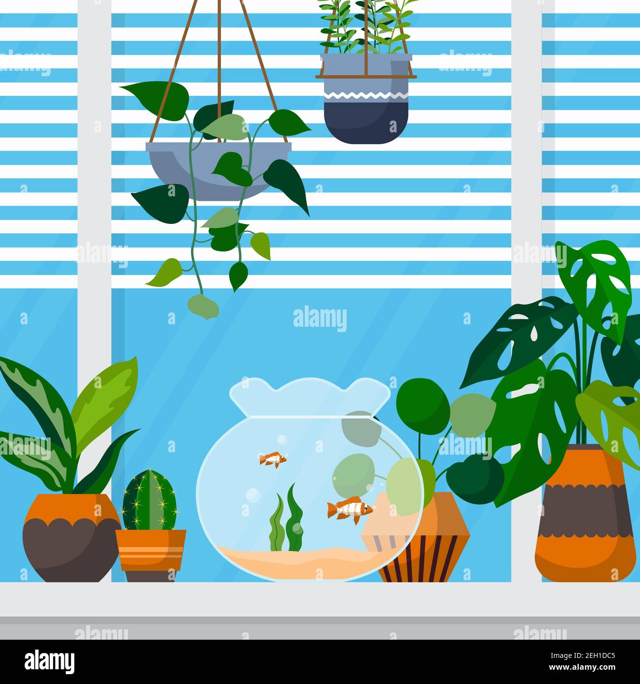 Tropical Houseplant Verde planta decorativa ventana Casa Ilustración Ilustración del Vector