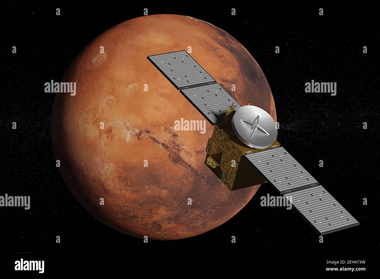 Sonda orbitando el planeta Marte. ilustración 3d. Foto de stock