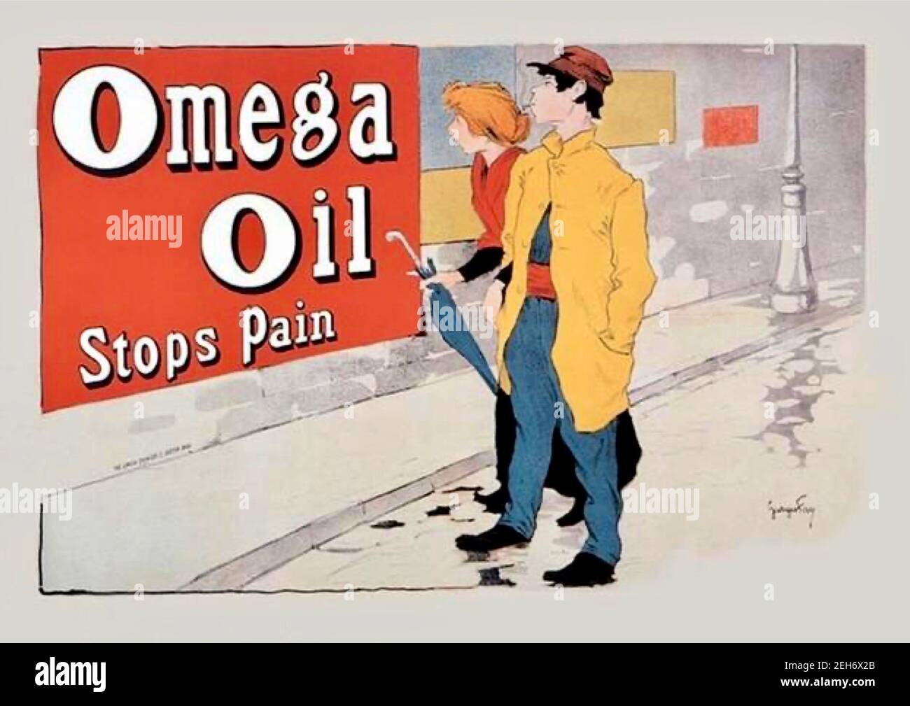 Georges Fay diseñó el cartel anunciando las cualidades de alivio del dolor del aceite Omega. Una pareja joven se detiene para ver la promoción en la ventana de la tienda. Foto de stock