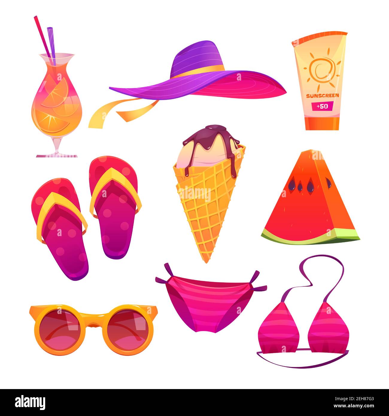 Adorables pegatinas de verano para chicas, helado de dibujos animados,  bañadores de bikini rosa, sandía, cóctel con rodajas de naranja, sombrero  de playa, gafas de sol y chanclas de colores, crema de