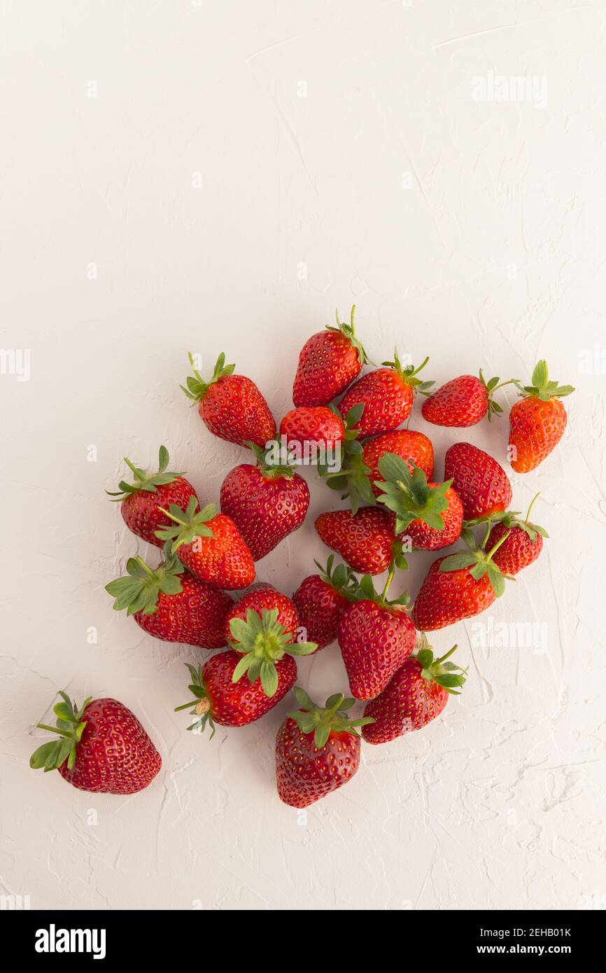 Cosecha de fresas rojas y maduras frescas del Jardín sobre fondo blanco texturizado Foto de stock