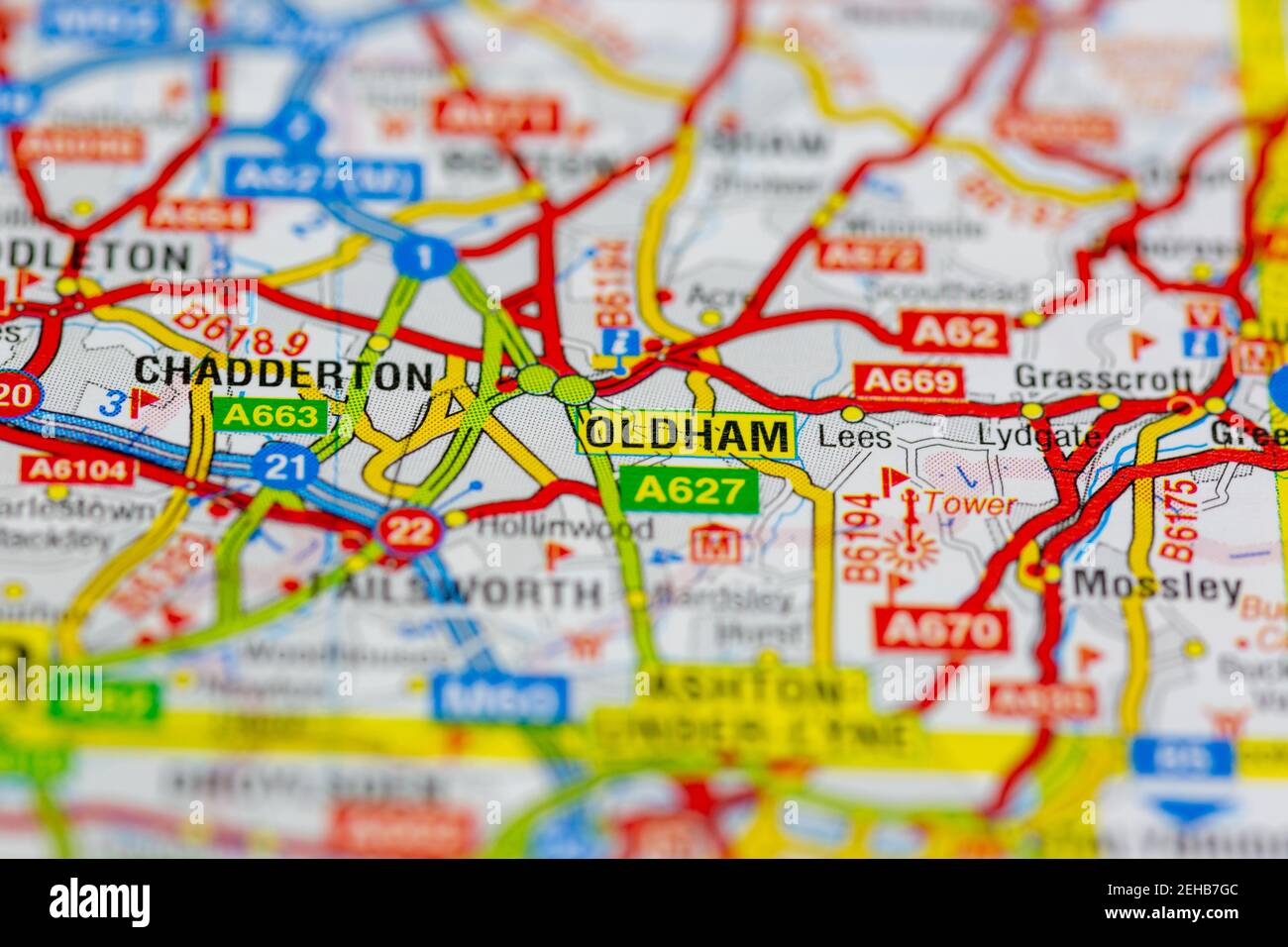 Oldham y sus alrededores se muestran en un mapa de carreteras o. Mapa