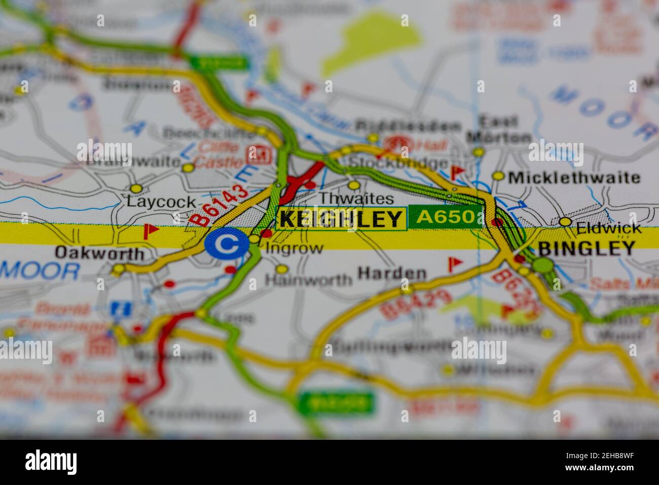 Keighley y sus alrededores se muestran en un mapa de carreteras o. Mapa geográfico Foto de stock