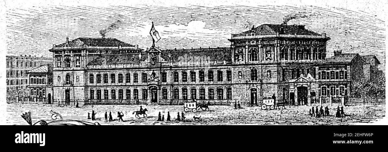 Paket- und Zeitunspostamt Leipzig Frontansicht Hauptgebäude (Die Gartenlaube (1881), S. 411). Foto de stock