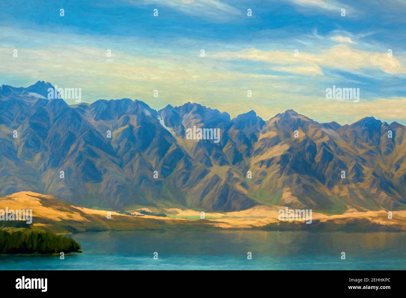 Pintura digital de los Remarkables y el lago Wakatipu, Queenstown, Nueva Zelanda Foto de stock