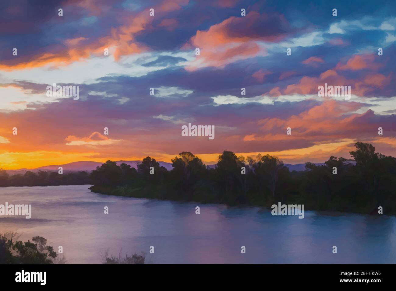 Pintura digital de una puesta de sol sobre el río Brisbane, Queensland, Australia, Foto de stock