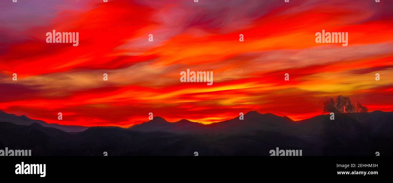Pintura digital de una puesta de sol sobre las montañas en Sudáfrica. Foto de stock