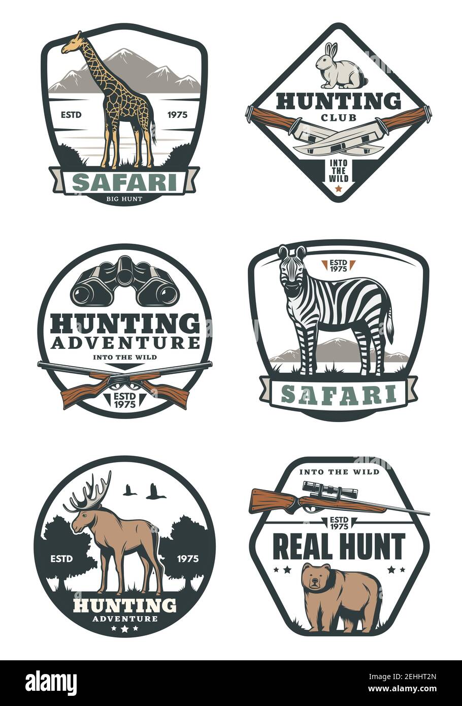 Medallas retro para deportes de caza para aventuras de safari y diseño de  clubes de cazadores. Jirafa africana, cebra y oso, liebre y elk sello  vintage, decorado con ri Imagen Vector de