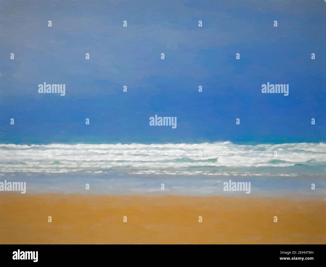 Pintura digital de olas que se ruinan en una playa, bajo un cielo azul. Foto de stock