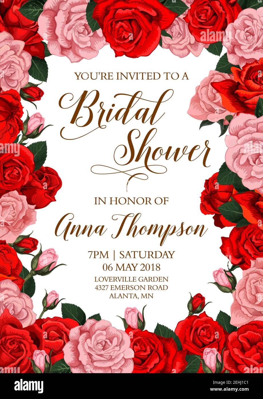Invitación a la ducha nupcial con marco floral borde. Ramo de flores de rosas  rojas y rosadas y flores de plantas de jardín en flor para la fiesta de la  celebración de