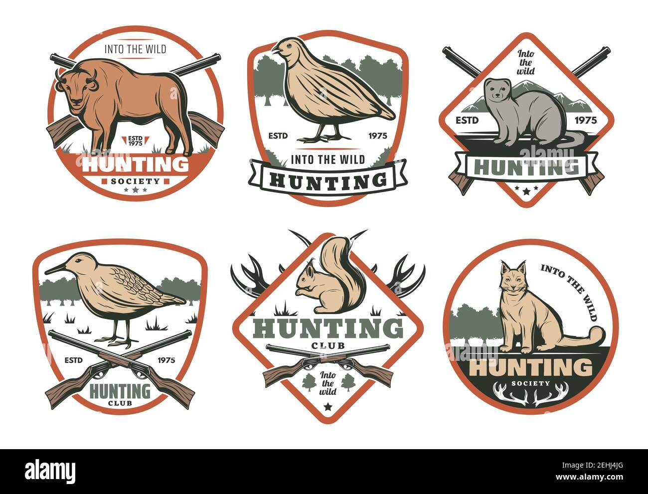 Caza de animales y aves con escudo retro rifle cazador para cazar plantilla club  deportivo. Grouse, lince y búfalo, ardilla, hurón y chucar symbo Imagen  Vector de stock - Alamy