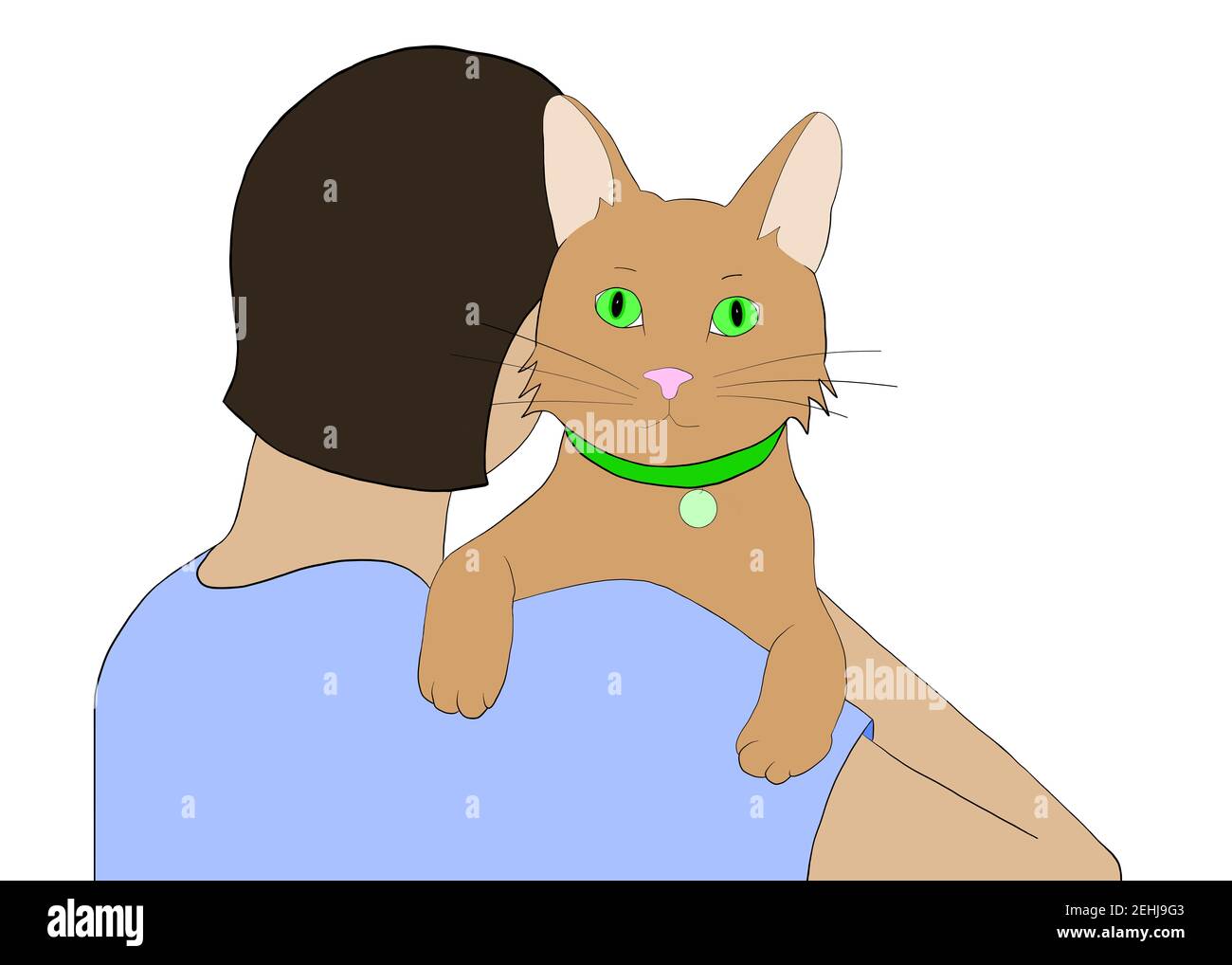 Ilustración dibujo dibujado a mano de un gato marrón en los brazos de una  persona de cabello oscuro frente al espectador. Gato, con collar con  etiqueta de identificación, mirando o Fotografía de