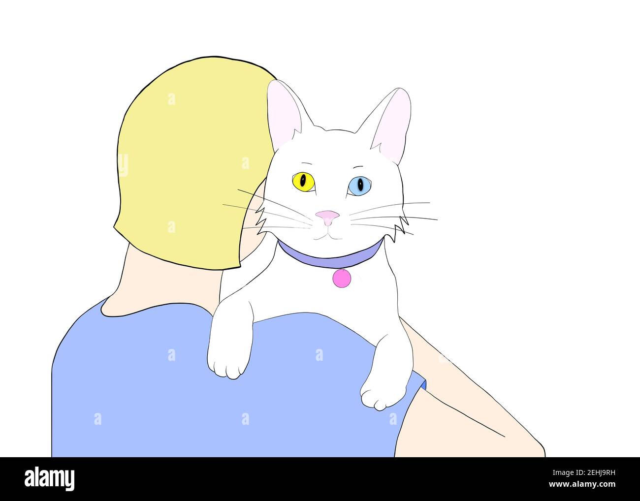 Ilustración dibujo dibujado a mano de un gato blanco con heterocromia en  los brazos de una persona rubia frente al espectador. Gato, cuello de  desgaste con ID Fotografía de stock - Alamy