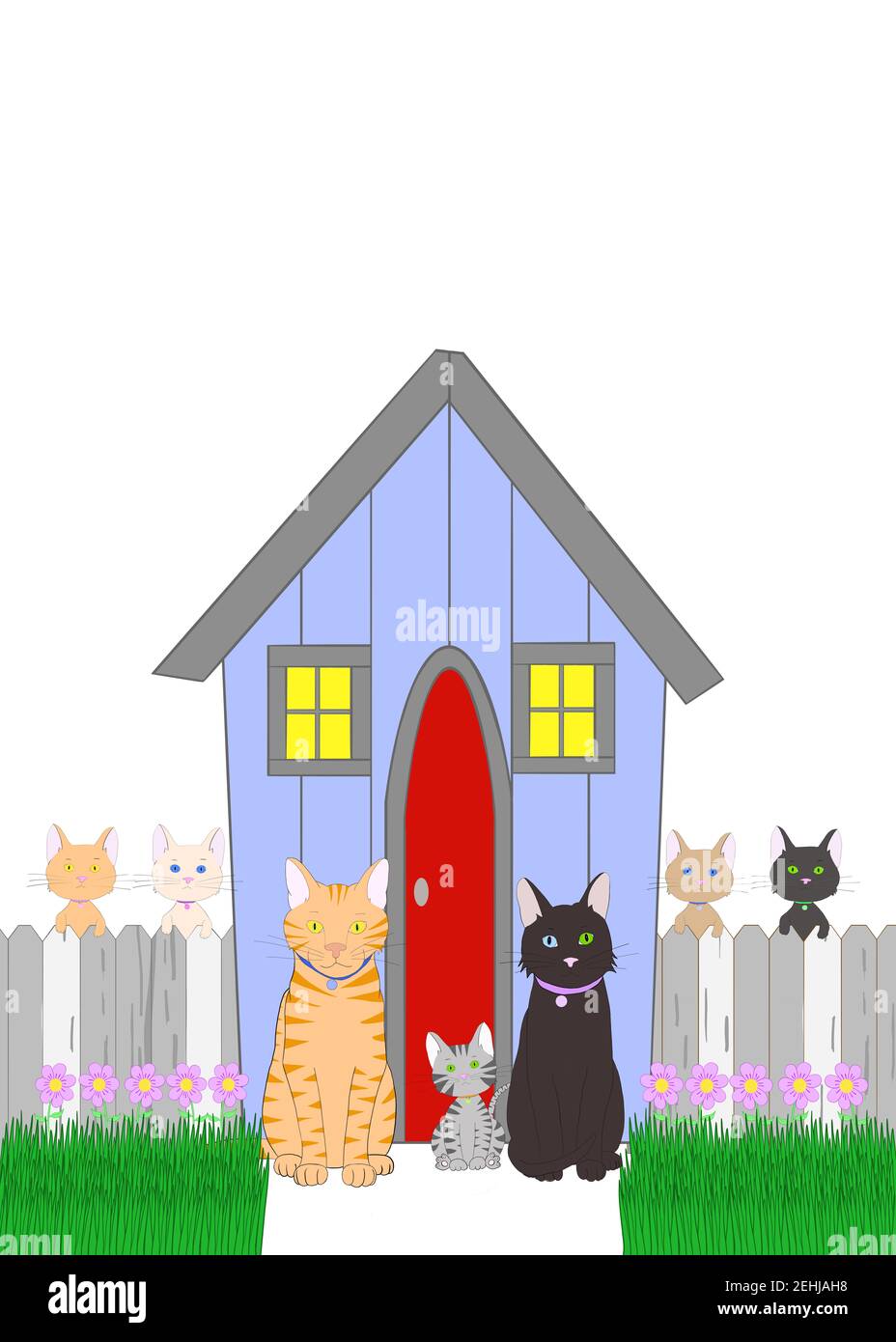 Dibujos animados dibujados a mano de una familia de gatos, mamá, papá y niños fuera de una pintoresca casa azul y gris con valla de madera, césped verde y flores, Foto de stock