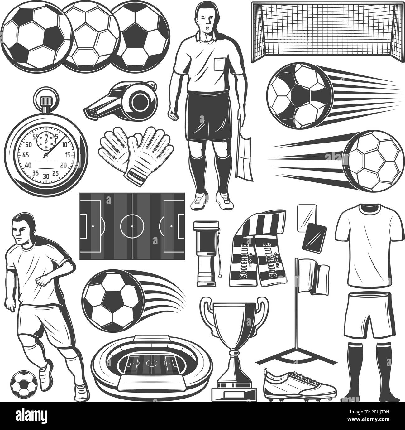 Artículos deportivos de fútbol o futbolista. Iconos vectoriales de balón de  fútbol, portero de fútbol o árbitro y cronómetro con silbato, estadio de  arena y Imagen Vector de stock - Alamy