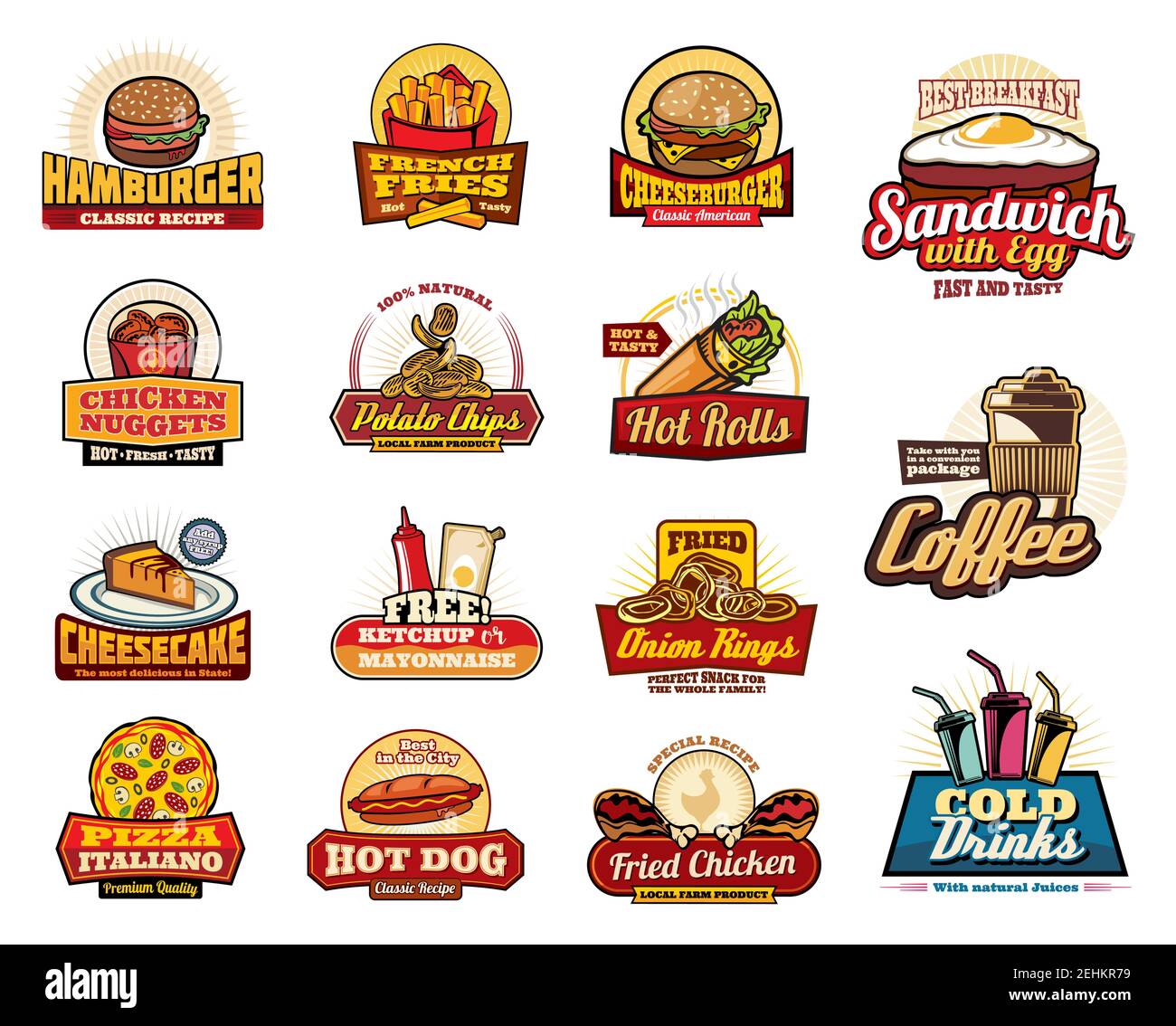 Iconos de restaurantes y cafeterías de comida rápida, menú o letreros de restaurantes comida rápida. Hamburguesa vectorial, cheeseburger y patatas fritas, sándwich de desayuno con huevo bacon, c Vector