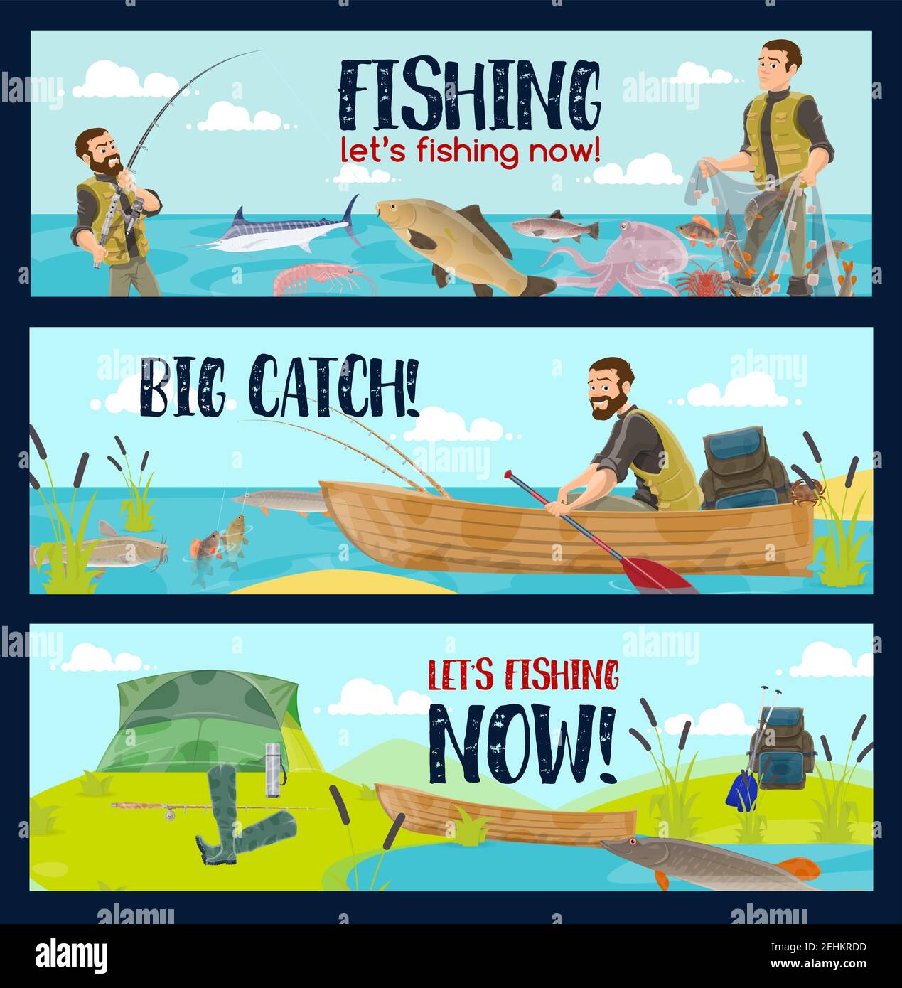 Excursiones deportivas de pesca o tienda de artículos de pesca y de equipo.  Vector caricatura pescador hombre en bote de goma en el lago o el mar con  caña para la captura