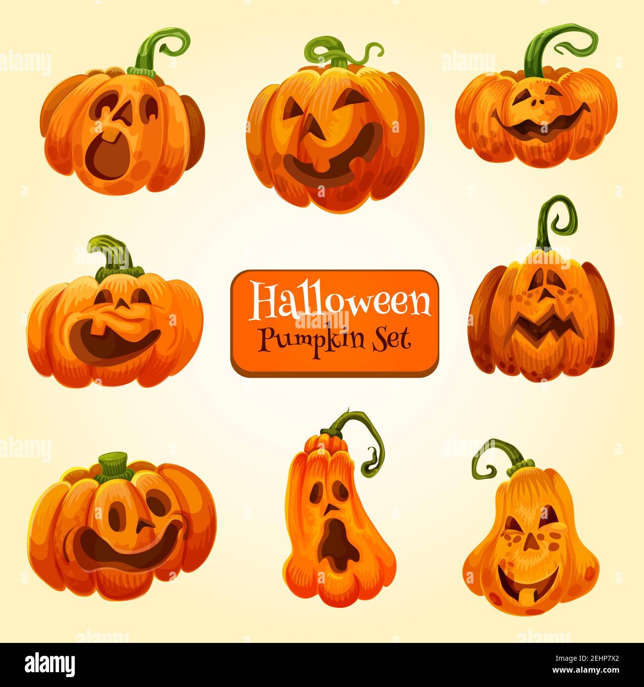 Calabaza de Halloween con caras terroríficas y divertidas fiesta de otoño. Gato de calabaza o linterna con una sonrisa espeluznante tallada y ojos malvados para Halloween A Imagen Vector de stock - Calabaza de Halloween con caras terroríficas y divertidas fiesta de otoño. Gato de calabaza o linterna con una sonrisa espeluznante tallada y ojos malvados para Halloween A Imagen Vector de stock -