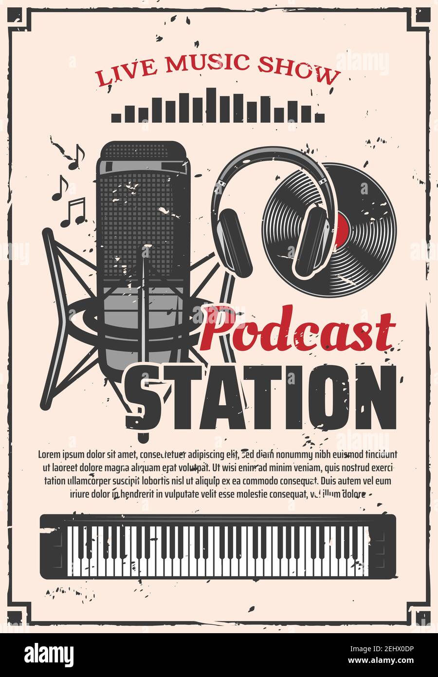 Cartel de vector retro del programa de música en vivo, diseño de estación  de radio en línea podcast. Vector Vintage micrófono con disco de vinilo y  auriculares o sintetizador con Imagen Vector