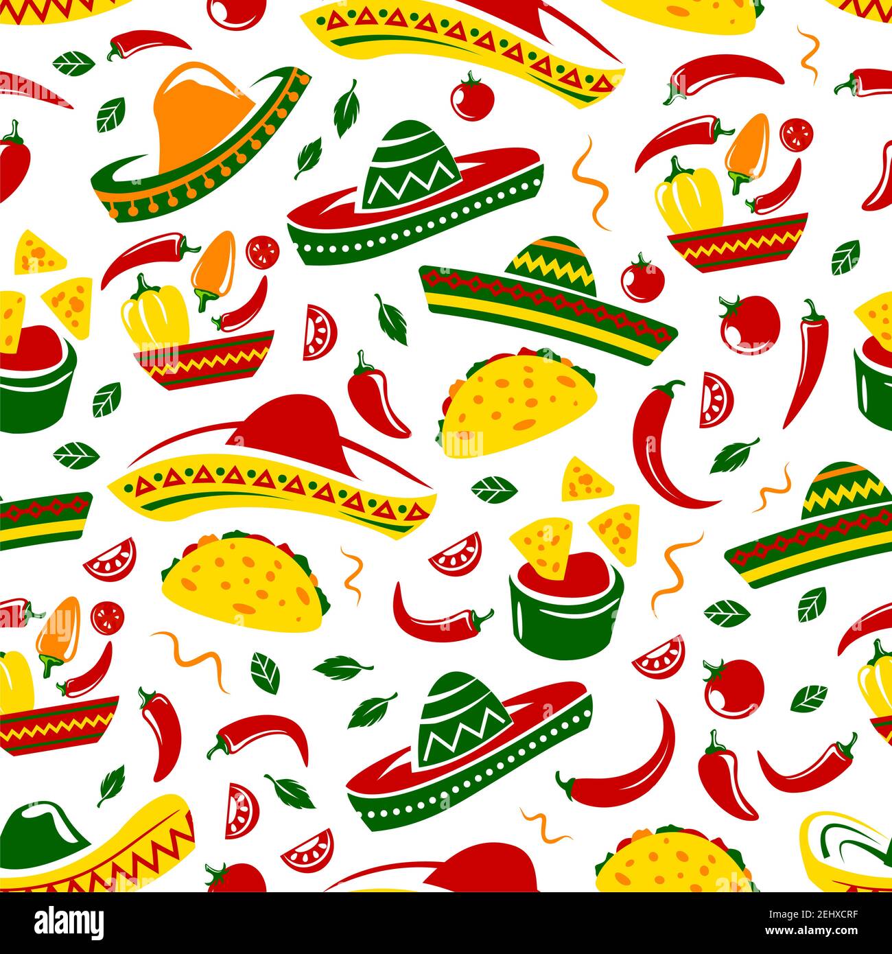 Cocina mexicana sin costuras. Fondo vectorial de sobrero, Chile o Chile  jalapeno y tacos de comida mexicana, burrito o nachos y guacam de aguacate  Imagen Vector de stock - Alamy