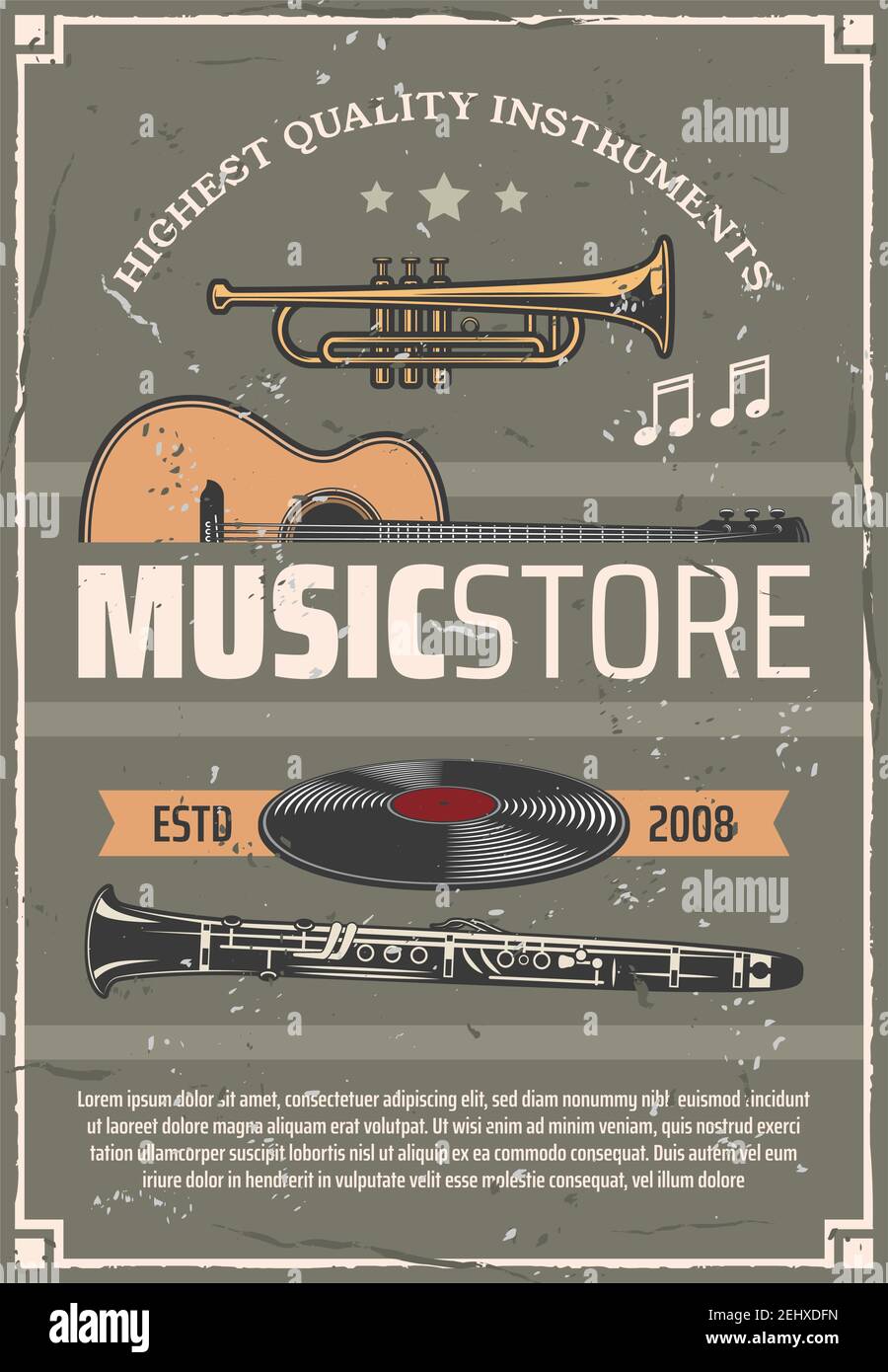 Tienda de música retro vector póster, instrumentos musicales viento y cuerda, discos de vinilo