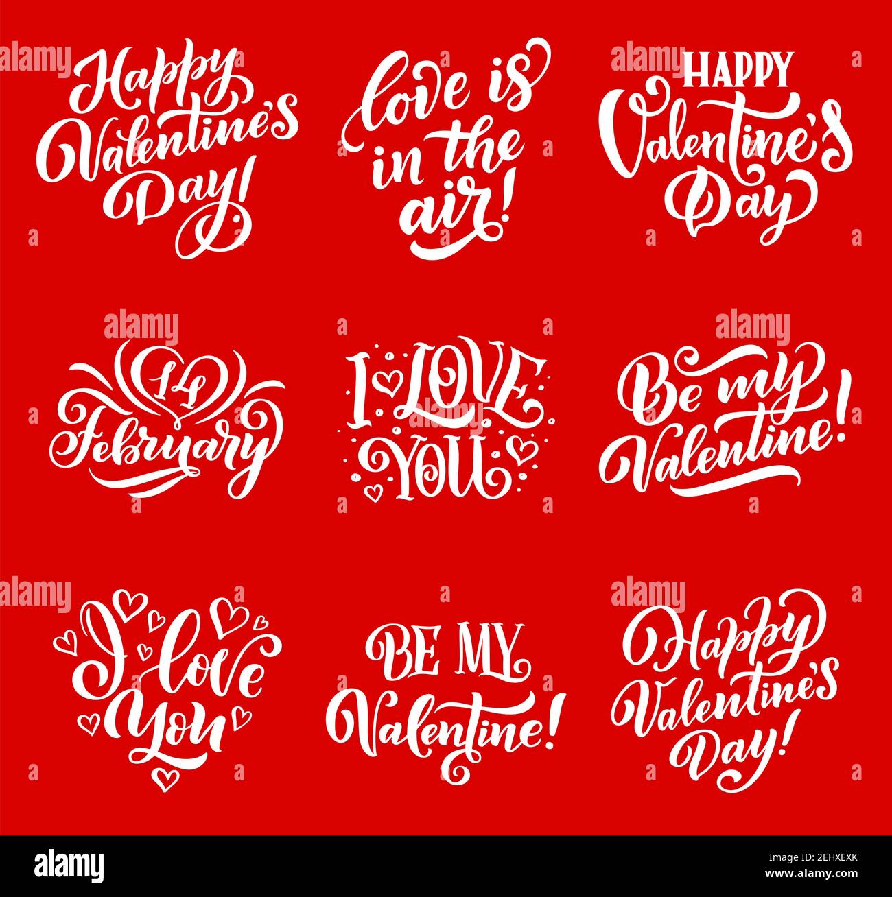 Feliz día de San Valentín de letras para 14 de febrero temporada fiesta  tarjeta de felicitación. Vector amor citas y rojo corazones caligrafía para  Yo Te amo y ser Mi Val Imagen