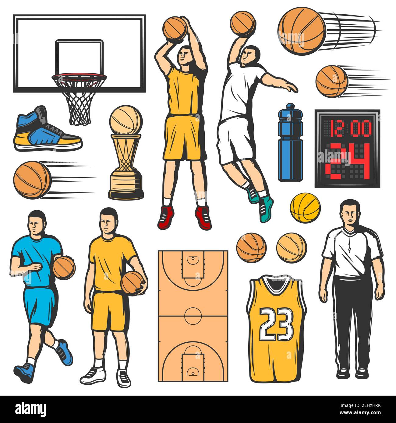 Iconos de baloncesto deportivo, jugadores en uniforme con pelota de cuero y  cancha de juegos. Botella de agua y marcador, camisa con número y copa de  trofeo. Las zapatillas Imagen Vector de