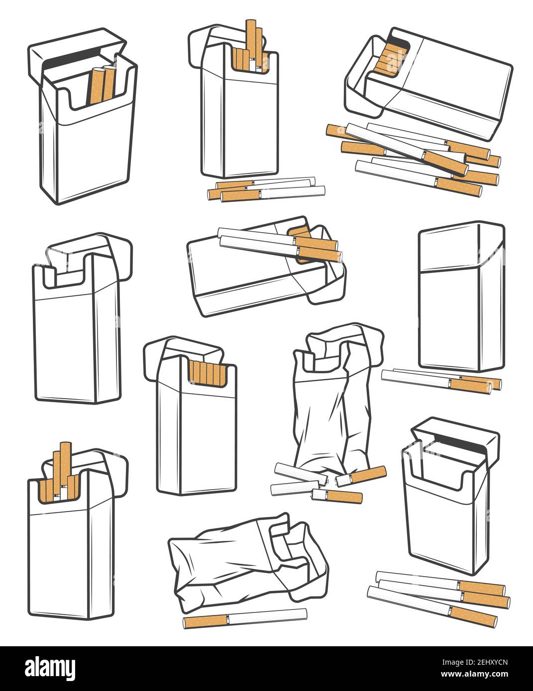 Paquetes de cigarrillos iconos arrugados y desgarrados, vector. Cigarro con filtro abierto y cerrado cajas de embalaje, paquetes de cartón vacío y lleno de cajas de embalaje en blanco. Smok Ilustración del Vector