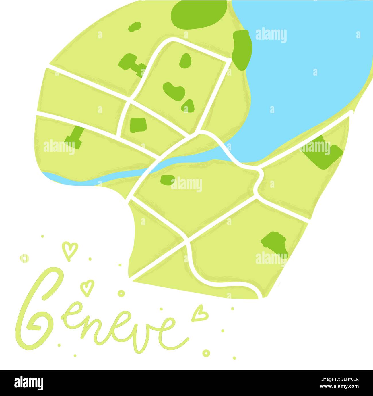 Mapa plano de color de dibujos animados del centro de Ginebra. La tierra es verde. Calles de correo blancas. Mapa de la ciudad de Suiza europea lindo y divertido. Ilustración vectorial Ilustración del Vector