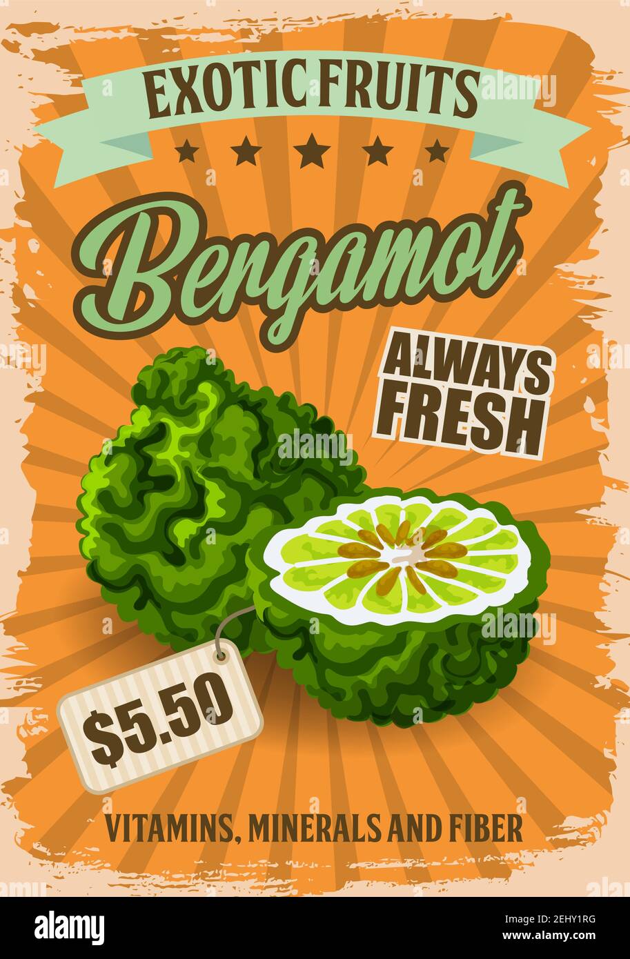 Bergamot fruta con el precio etiqueta cartel para la tienda de comestibles. Producto exótico natural lleno de vitaminas, minerales y fibra. Alimentos tropicales saludables para los veganos Ilustración del Vector